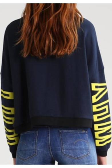 Simple Cool Letter WHY Pattern Round Neck Long Sleeve Dark Blue Crop Sweatshirt