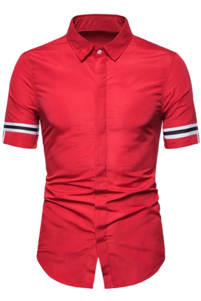 Stylish Simple Stripe Short Sleeve Concealed Button Front Slim Fit Shirt for Men