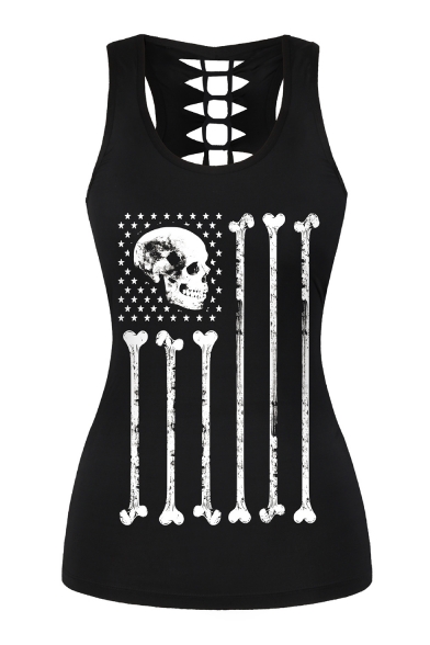 Summer Cool Skull Printed Scoop Neck Sleeveless Cutout Back Black Tank For Women