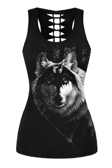 Summer Fashion Wolf Pattern Hollow Out Back Scoop Neck Black Slim Tank Top