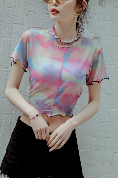 Summer Girls Popular Pink Stringy Selvedge Short Sleeve Cropped Slim Mesh T-Shirt