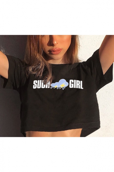 Summer Hot Popular Cloud Letter SUCH GIRL Print Round Neck Short Sleeve Crop T-Shirt