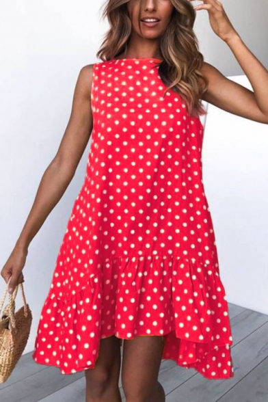 Summer Trendy Polka Dot Printed Round Neck Sleeveless Ruffled Swing Dress