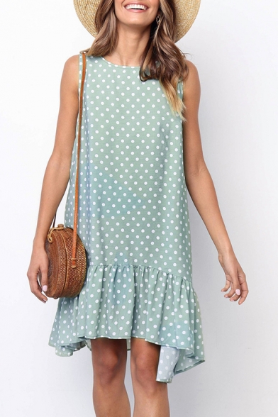 Summer Trendy Polka Dot Printed Round Neck Sleeveless Ruffled Swing Dress