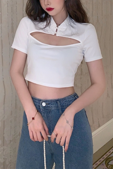 Summer Vintage Frog Button Stand Collar Sexy Cutout Short Sleeve White Plain Crop Tee