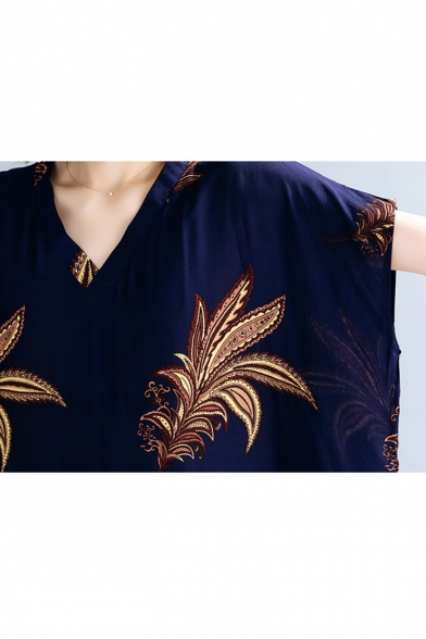 Summer Women's Trendy V-Neck Batwing Short Sleeve Floral Printed Loose Maxi Shift Navy Dress
