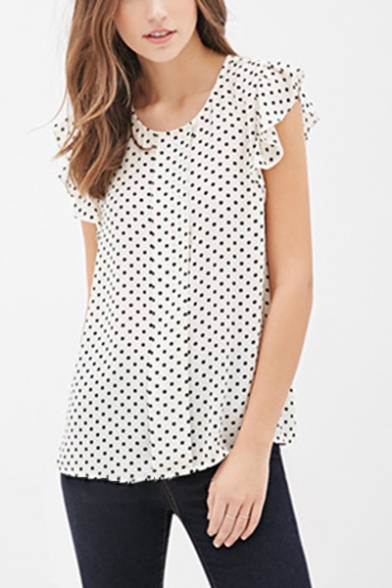 Summer Womens Classic Polka Dot Printed Round Neck Flutter Sleeve Loose Fit Chiffon Blouse Top