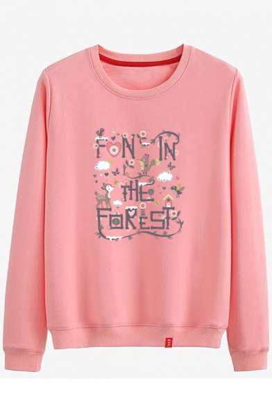 THE FOREST Cartoon Deer Floral Heart Printed Cotton Round Neck Long Sleeve Sweatshirt