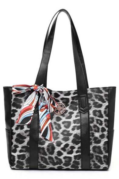 Trendy Leopard Pattern Silk Scarf Bow Tied Shoulder Tote Bag 36*11*28 CM
