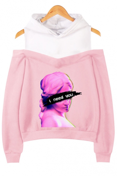 Trendy Vaporwave Cool Funny Figure Letter I NEED YOU Print Cold Shoulder Long Sleeve Loose Relaxed Hoodie