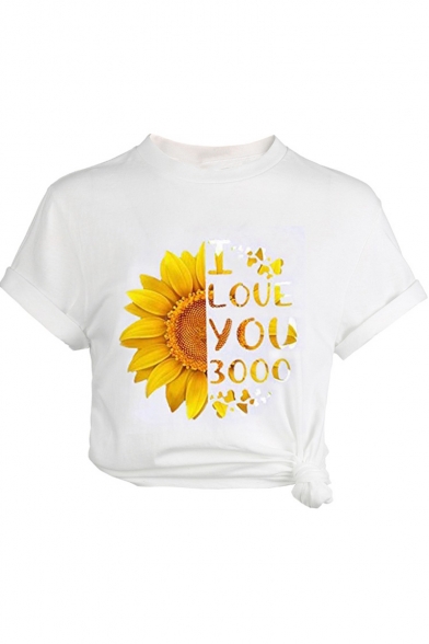 Unique Sunflower Letter I LOVE YOU 3000 Pattern Short Sleeve White T-Shirt
