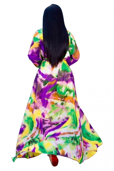 Women V-Neck Long Sleeve Tie-dye Printed Bow-Tied Waist Maxi A-Line Chiffon Dress