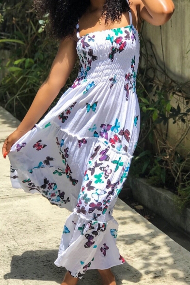Women's Fashion Convertible Off The Shoulder Butterflies Printed Midi Slip Dress