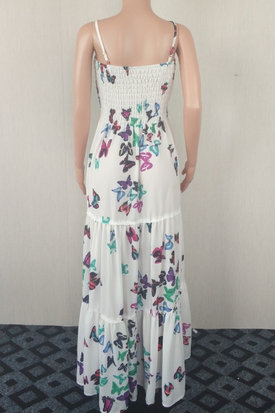 Women's Fashion Convertible Off The Shoulder Butterflies Printed Midi Slip Dress