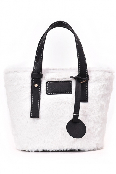 Women's Fashion Solid Color Leather Patched Plush Satchel Shoulder Bag 27*18*13 CM