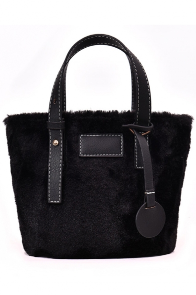 Women's Fashion Solid Color Leather Patched Plush Satchel Shoulder Bag 27*18*13 CM
