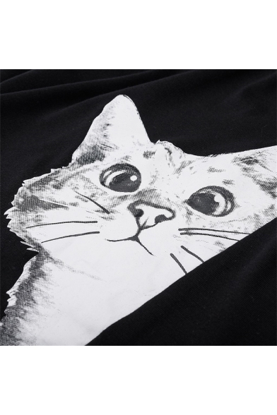 Women's Summer Fashion Cute Cat Printed Sleeveless Round Neck Black Tank Top
