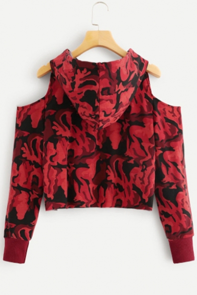 Women's Unique Camouflage Print Cold Shoulder Drawstring Hood Long Sleeve Red Hoodie