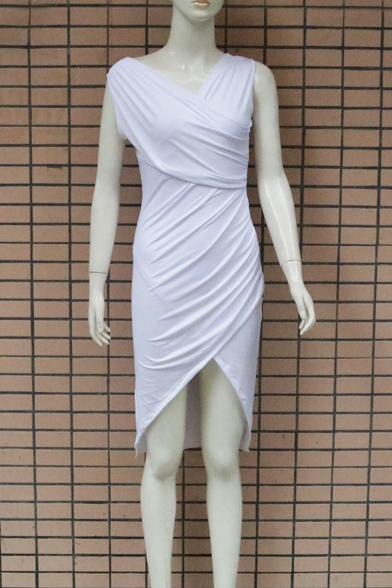 Womens Basic Simple Solid Color Surplice V-Neck Sleeveless Asymmetrical Midi Bodycon White Dress