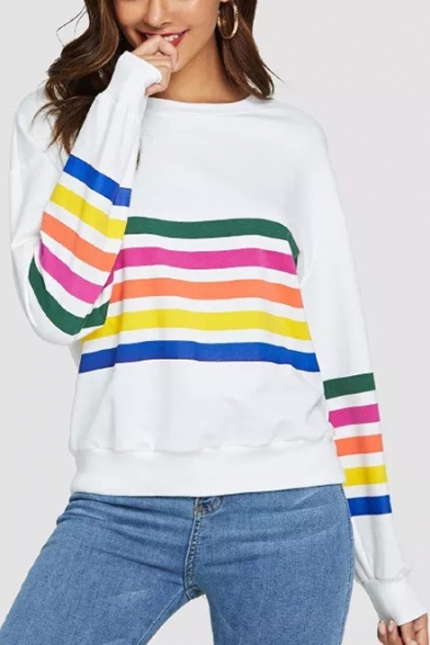 Womens Chic Colorful Stripe Printed Basic Round Neck Long Sleeve White Sweatshirt