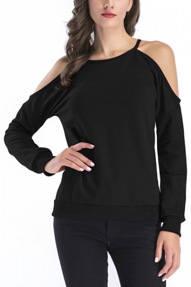 Womens Cold Shoulder Long Sleeve Plain Pullover Sweatshirt