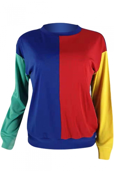 Womens New Stylish Color Block Long Sleeve Round Neck Casual Loose Sweatshirt