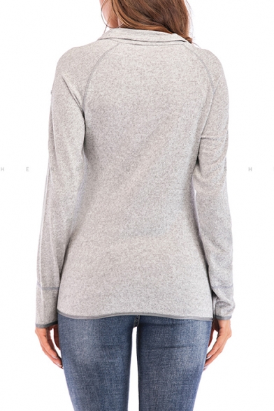 Womens Simple Solid Color Long Sleeve Half-Zip Stand Collar Slim Fit Sweatshirt