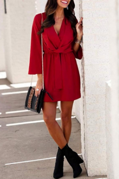 Womens Summer Hot Fashion Simple Plain V-Neck Long Sleeve Mini Sheath Dress