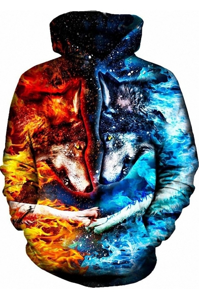 3D Blue Red Fire and Ice Wolf Print Colorblock Long Sleeve Hoodie with Pocket