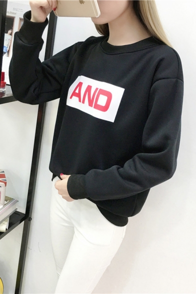 AND Letter Round Neck Long Sleeve Thick Sweatshirt