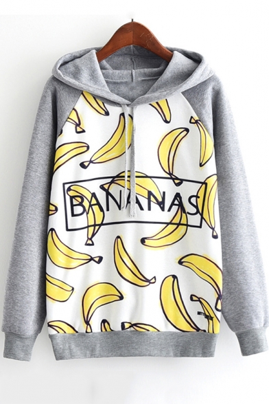 Bananas Letter Printed Colorblock Raglan Long Sleeve Drawstring Hoodie