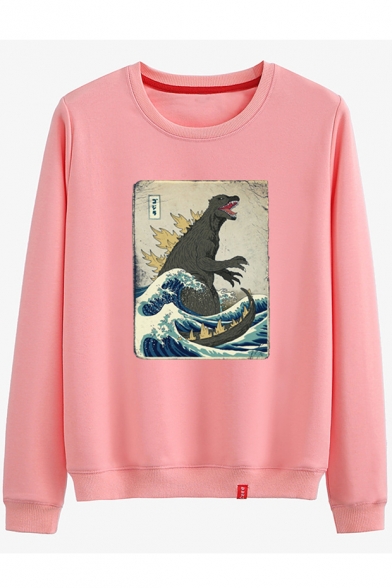 Cartoon Sea Dinosaur Book Print Round Neck Long Sleeve Sweatshirt