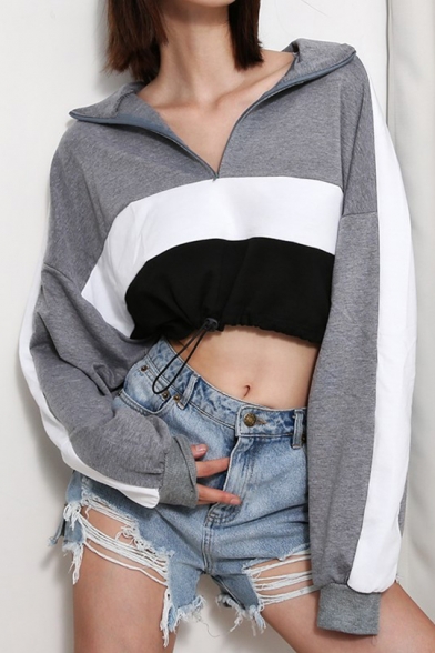 Chic Stylish Colorblock Zipper Front High Neck Long Sleeve Drawstring Hem Loose Fit Cropped Sweatshirt for Women