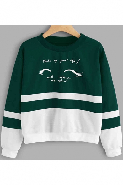 Cool Funny Letter MAKE UP YOUR LIFE Graphic Printed Round Neck Long Sleeve Colorblock Green Sweatshirt