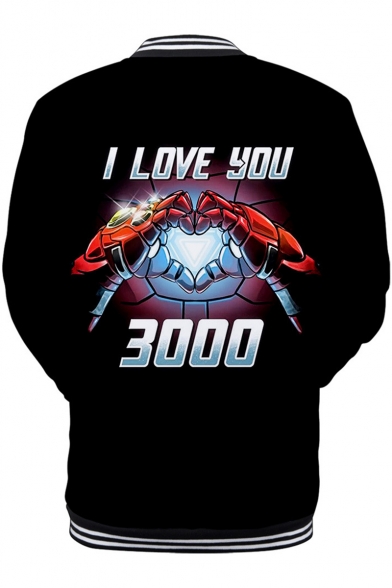 Cool Iron Hand Heart Letter I LOVE YOU 3000 Rib Stand Collar Long Sleeve Button Down Sport Black Baseball Jacket