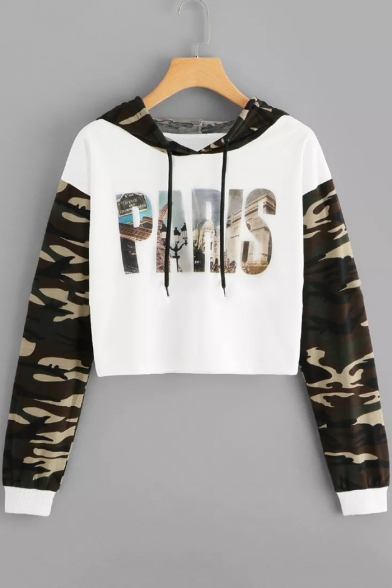 Cool Letter PARIS Camo Print Long Sleeve Loose Fit Cropped White Hoodie