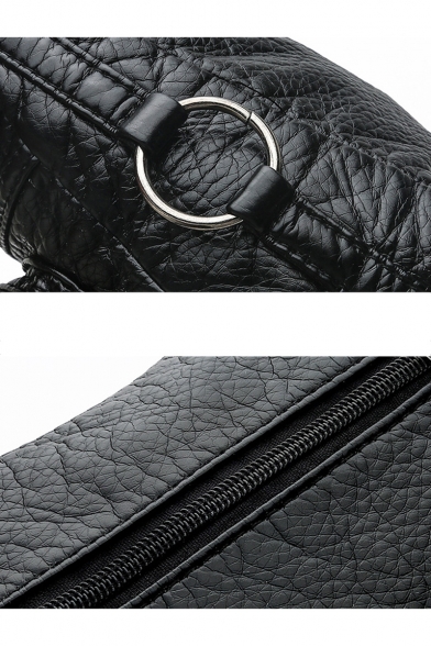 Cool Solid Color Flat Pocket Front Buckle Embellishment Black Hobo Shoulder Bag 25*10*20 CM