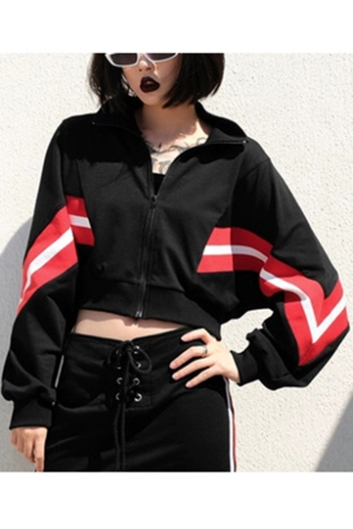 Cool Women's Colorblock Zip Up Stand Collar Long Sleeve Black Cropped Sweatshirt