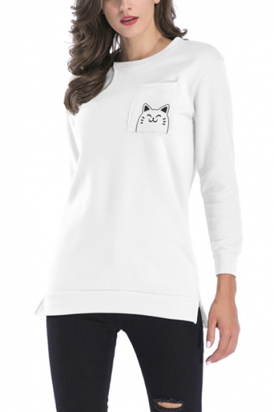 Cute Cartoon Cat Printed Round Neck Long Sleeve Split Side Tunic Pullover Sweatshirt