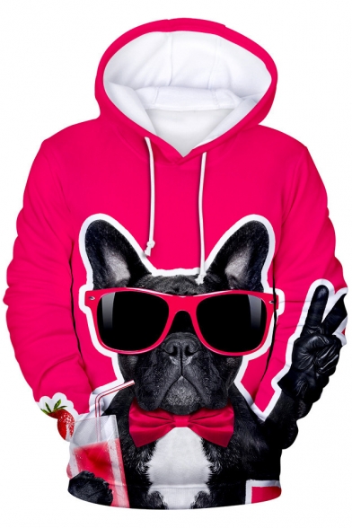 Cute Cartoon French Dog 3D Printed Long Sleeve Red Sport Loose Drawstring Hoodie