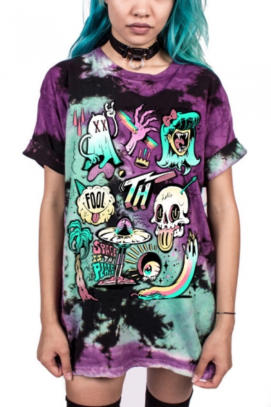 Cute Funny Cartoon Monster Skull Print Purple Tie Dye Casual Loose Tunic T-Shirt