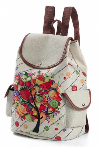 Designer Creative Fruit Tree Pattern Beige Drawstring School Backpack with Side Pockets 28*11*39 CM
