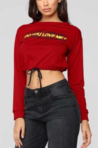 DO YOU LOVE ME Letter Red Round Neck Long Sleeve Crop Sweatshirt with Drawcord