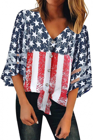 Fashion American Flag Pattern V-Neck Three-Quarter Sleeve Button Front Casual T-Shirt