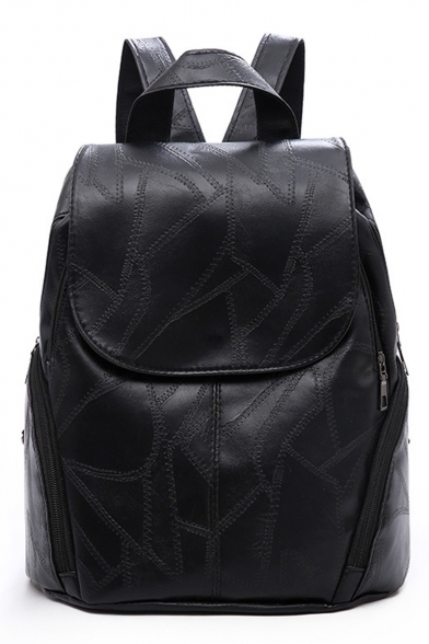 Fashion Plain Sewing Thread Black PU Leather Travel Bag School Backpack with Side Zipper Pocket 29*15*30 CM