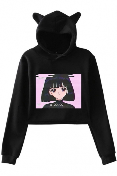 Fashion Vaporwave Comic Girl Printed Cute Cat Ear Cropped Casual Hoodie for Women