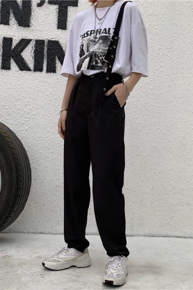 Fashion Vintage Simple Solid Color Straight Leg Tailored Suspender Pants Trousers