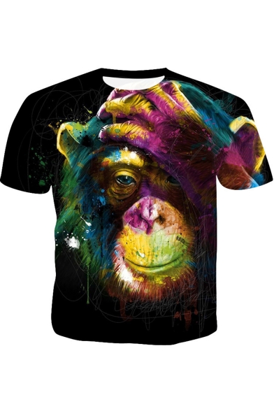Funny Colorful Gorilla Printed Round Neck Short Sleeve Black Tee