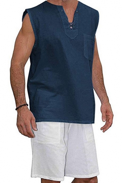 Guys Elelet Lace-Up V-Neck Sleeveless Solid Color Linen Casual Loose Shirt Tank