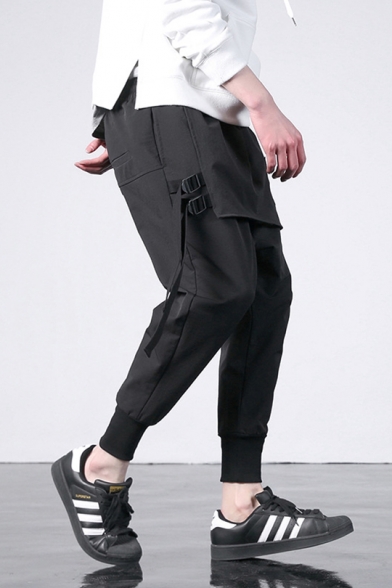 Guys Unique Stylish Buckle Ribbon Embellished Layer Patched Front Black Plain Harem Pants